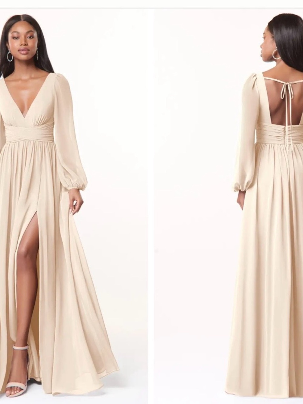 Azazie Cream Long Sleeve V-Neck Maxi Dress with Back Tie